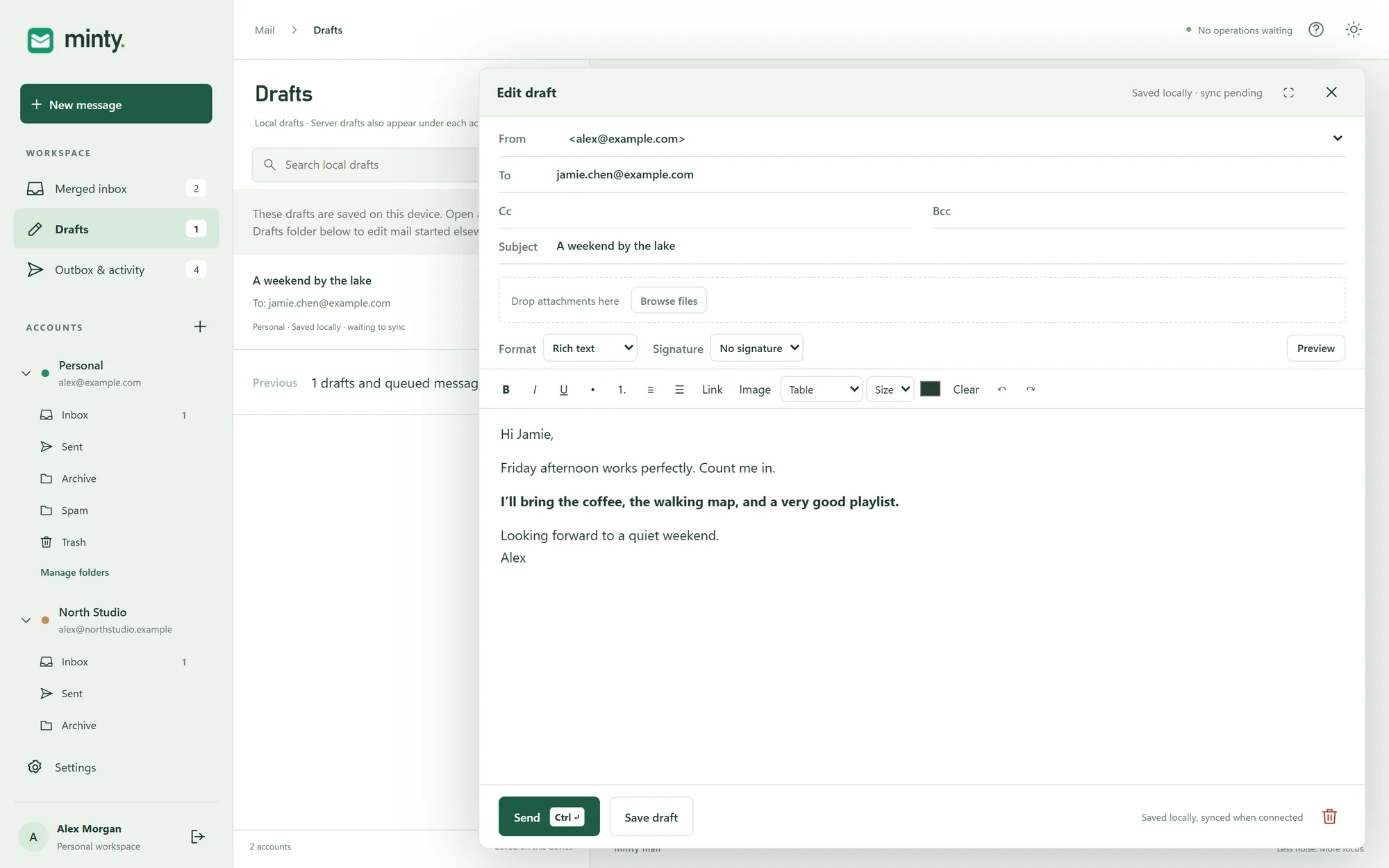The real Minty composer showing a fictional message, formatting tools and an attachment drop area.