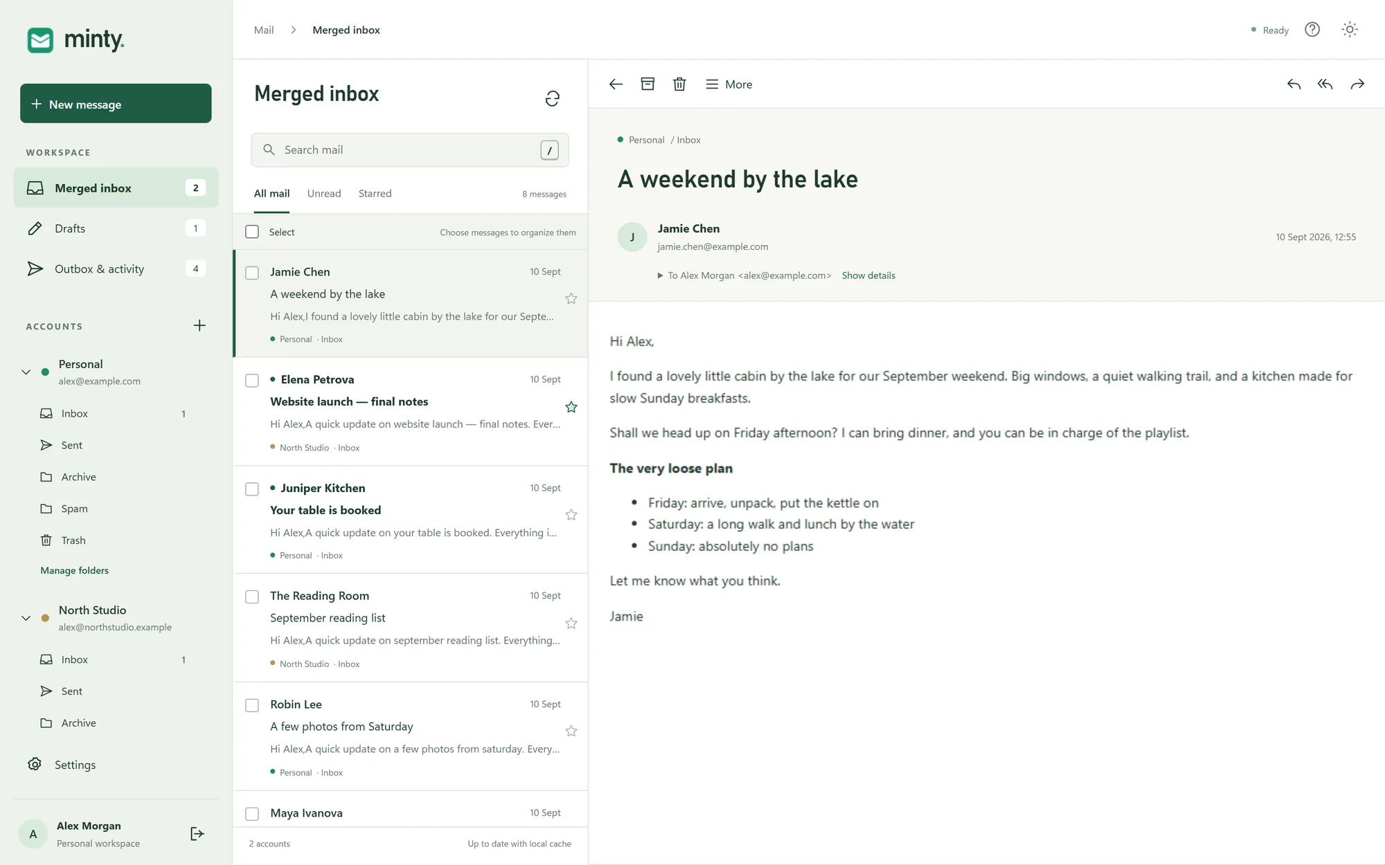 Minty’s merged inbox with fictional Personal and North Studio accounts and a message about a weekend by the lake.