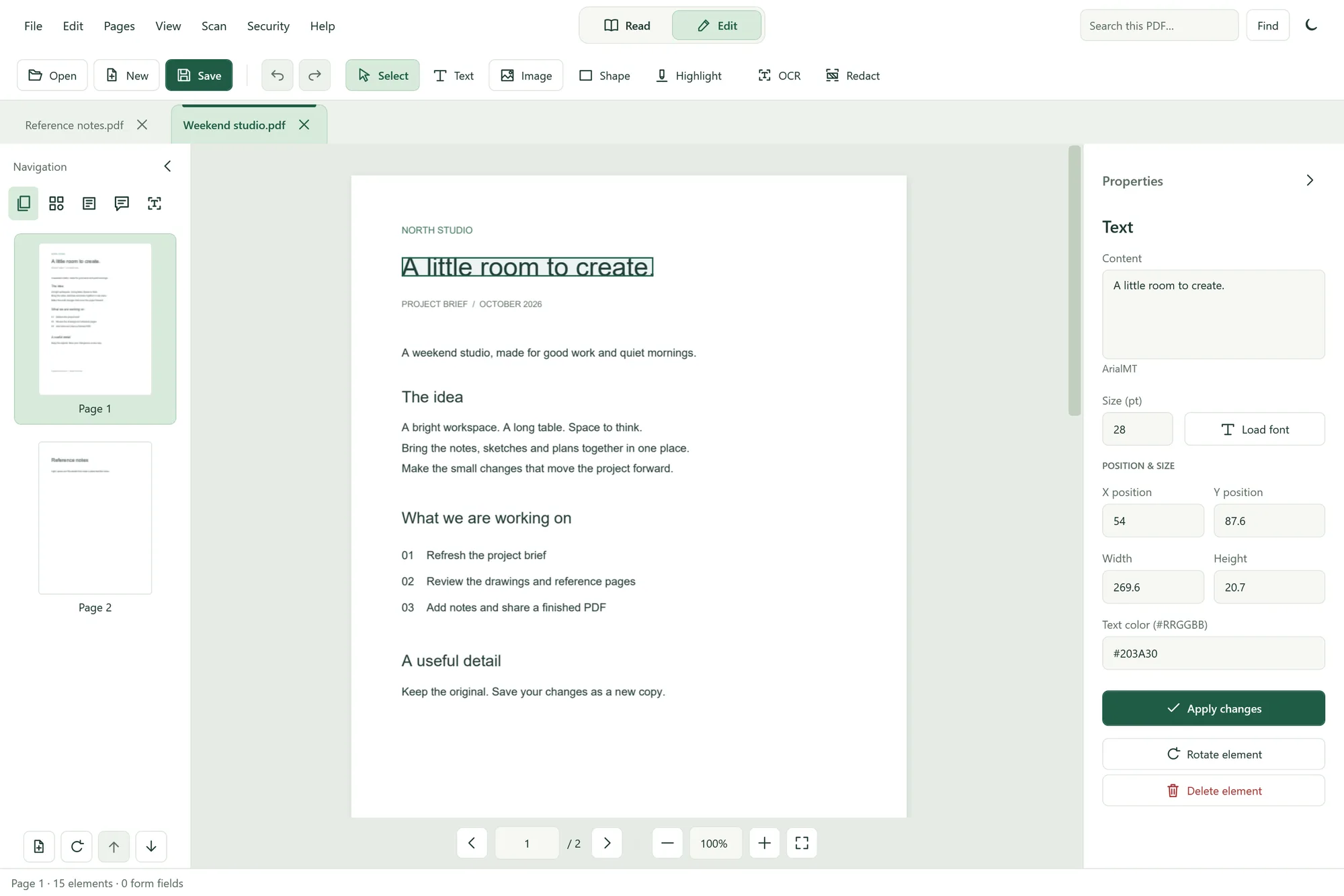 Minty PDF in Edit mode with the project heading selected and its text, font size and position shown in Properties.