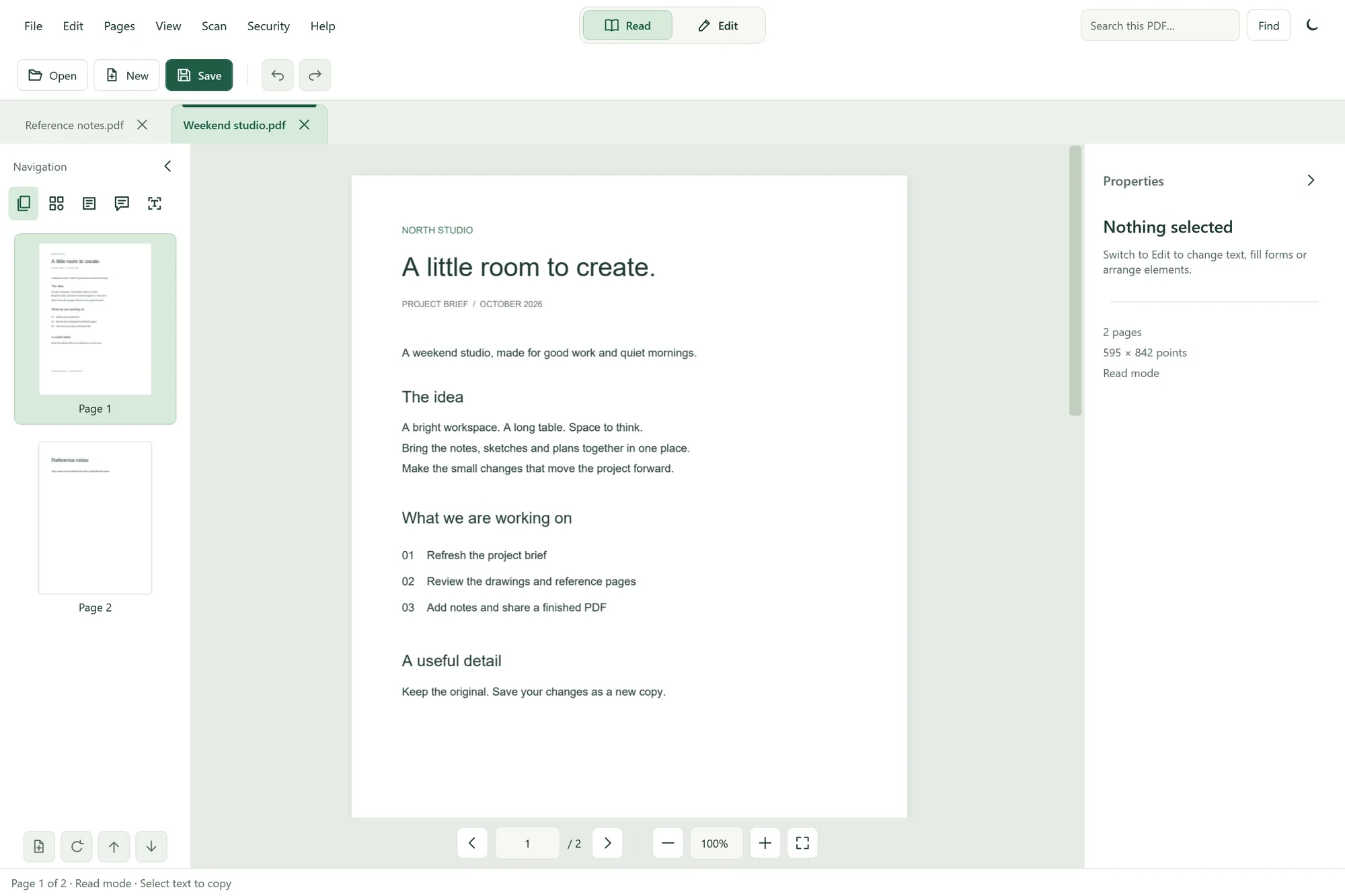 The real Minty PDF reader with two document tabs and a fictional North Studio project brief. Read mode is selected.